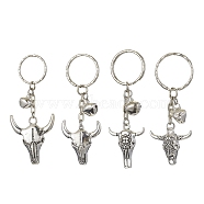 Tibetan Style Alloy Bull Head Kcychain, with Iron Findings and Bells Charm, Antique Silver & Platinum, 7.5cm, 4pcs/set(KEYC-JKC00562)