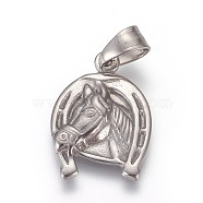 304 Stainless Steel Pendants, Horse with Horseshoe, Stainless Steel Color, 24.5x17x3mm, Hole: 5x7.5mm(STAS-E449-36P)
