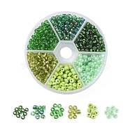 6/0 Glass Seed Beads, Silver Lined & Trans. Colors Rainbow & Transparent & Opaque Colours & Ceylon, Round, Green, 6/0, 4mm, Hole: 1~1.5mm, 60g/box, about 600pcs/box(SEED-X0052-03C-4mm)
