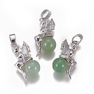 Natural Green Aventurine Pendants, with Platinum Tone Brass Findings, Fairy, 25~26x12~13x8mm, Hole: 3.5x5.5mm(G-L512-E09)