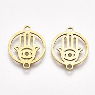 201 Stainless Steel Links connectors, Laser Cut Links, Flat Round with Hamsa Hand/Hand of Fatima/Hand of Miriam, Golden, 19x15x1mm, Hole: 1.5mm(STAS-S106-34G)