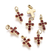 316 Surgical Stainless Steel Tiny Cross Charms, with Rhinestone and Jump Rings, Golden, Siam, 8.5x5x1.5mm, Hole: 1.6mm(X-STAS-F256-023C-G)