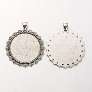 Tibetan Style Alloy Flat Round Pendant Cabochon Settings, Cadmium Free & Lead Free, Antique Silver, 53x45x2mm, Hole: 5x7mm, Tray: 35mm, about 106pcs/kg(PALLOY-J494-45AS)