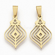 201 Stainless Steel Pendants, Filigree Pendants, with Random Size Snap on Bails, Rhombus, Golden, 30x19x1.5mm, Hole: hole: 8~10x3~5mm(STAS-N089-03G)