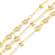 Rack Plating Brass Triangle Link & Satellite Chains, with Clear Cubic Zirconia, Long-Lasting Plated, Soldered, with Spool, Cadmium Free & Lead Free, Golden, 9x6.5x1.5mm, 10x2x0.5mm(CHC-C025-14G)