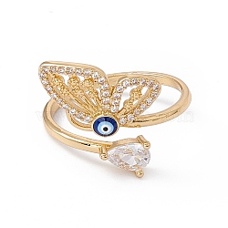 Clear Cubic Zirconia Butterfly with Enamel Evil Eye Open Cuff Ring, Rack Plating Brass Jewelry for Women, Cadmium Free & Nickel Free & Lead Free, Real 18K Gold Plated, US Size 8(18.1mm)(RJEW-B043-16)