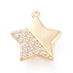 Brass Micro Pave Clear Cubic Zirconia Pendants, Long-Lasting Plated, Flat Round with Star, Golden, 17x15.5x2.5mm, Hole: 1mm(X-ZIRC-L097-022G)