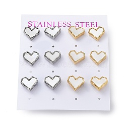 6 Pair 2 Color Heart Natural Shell Stud Earrings, 304 Stainless Steel Earrings, Golden & Stainless Steel Color, 10x11mm, 3 Pair/color(EJEW-A024-10)