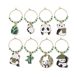 8Pcs 8 Styles Panda Alloy Enamel Wine Glass Charms, with Brass Hoop Earring Findings and Glass Bead, Mixed Color, 50~59mm, Inner Diameter: 22.5mm, 1pc/style(AJEW-JO00211)