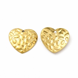 Ion Plating(IP) 304 Stainless Steel Pendants, Textured, Heart Charm, Real 18K Gold Plated, 14.5x16x2.5mm, Hole: 1.2mm(STAS-F290-21G)