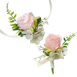 2Pcs 2 Style Silk Cloth Imitation Rose Corsage Boutonniere, with Silk Imitation Rose Wrist Corsages, for Wedding, Party Decorations, Pink, 115~765x10~130mm, 1pc/style(AJEW-CP0001-61B)
