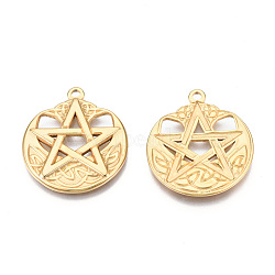 Rack Plating 304 Stainless Steel Pendants, Flat Round with Star, Real 18K Gold Plated, 29x25x2mm, Hole: 2mm(STAS-N098-075LG)