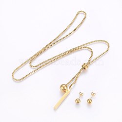 304 Stainless Steel Jewelry Sets, Pendant Necklaces and Stud Earrings, Strip and Round, Golden, Necklace: 29.9 inches(76cm), Earrings: 20x8mm, Pin: 0.8mm(SJEW-O091-05G)
