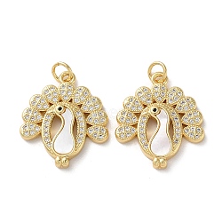 Brass Micro Pave Clear Cubic Zirconia Pendants, with Shell and Jump Ring, Real 18K Gold Plated, Peacock, 22.5x19.5x3.5mm, Hole: 3mm(KK-B083-33C-G)