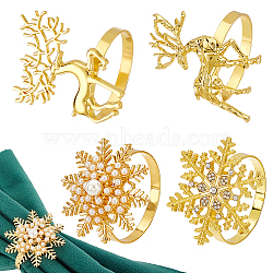 PandaHall Elite 8Pcs 4 Styles Christmas Reindeer & Snowflake Alloy Napkin Rings, Restaurant Daily Accessories, Golden, Inner Diameter: 38~38.5mm, Deer & Snowflake: 51~53x4.5~35mm, 2pcs/style(AJEW-PH0011-80)