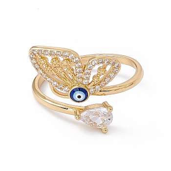 Clear Cubic Zirconia Butterfly with Enamel Evil Eye Open Cuff Ring, Rack Plating Brass Jewelry for Women, Cadmium Free & Nickel Free & Lead Free, Real 18K Gold Plated, US Size 8(18.1mm)