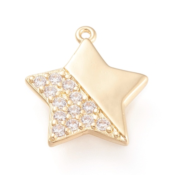 Brass Micro Pave Clear Cubic Zirconia Pendants, Long-Lasting Plated, Flat Round with Star, Golden, 17x15.5x2.5mm, Hole: 1mm