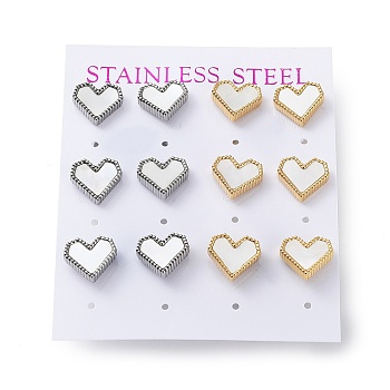 6 Pair 2 Color Heart Natural Shell Stud Earrings, 304 Stainless Steel Earrings, Golden & Stainless Steel Color, 10x11mm, 3 Pair/color