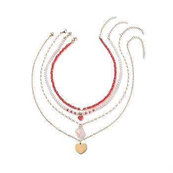 4Pcs 4 Style Natural Rose Quartz & 304 Stainless Steel & Alloy Enamel Pendant Necklaces Set, Glass Pearl Beaded Stackable Necklaces for Women, Golden, 14.29~19.61 inch(36.3~49.8cm), 1Pc/style