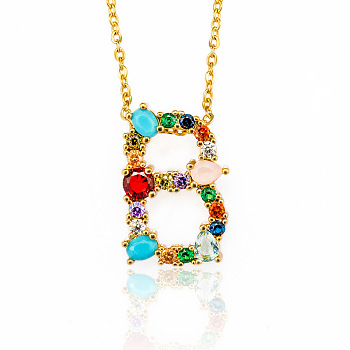 Golden Brass Micro Pave Cubic Zirconia Initial Pendants Necklaces, with Cable Chains, Colorful, Letter, Letter.B, 17.9~18.1 inch(45.5~46cm)x1.5mm, LetterB: 20.5x13.5x6mm