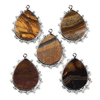 Natural Tiger Eye Pendants, Rack Plating Platinum Tone Brass Pave Clear Cubic Zirconia Teardrop Charms, 30.5x23.5x2mm, Hole: 1.4mm