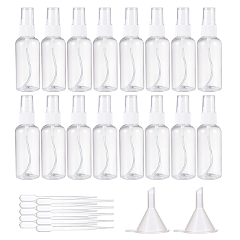 BENECREAT 60ml Transparent PET Plastic Refillable Spray Bottle, for Perfume, Essential Oil, with PP Plastic Funnel Hopper and PE Plastic Dropper, Clear, Bottle: 12x3.6cm, Capacity: 60ml, hopper: 3.7x0.6~3.7cm, Dropper: 15x0.25~1.2cm, 32pcs/set