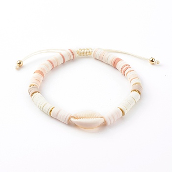 Adjustable Nylon Thread Braided Beads Bracelets, with Natural Cowrie Shell, Polymer Clay Heishi Beads and Brass Beads, Golden, White, Inner Diameter: 2-1/8~2-7/8 inch(5.5~7.4cm)