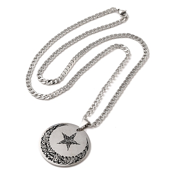 Moon & Star 304 Stainless Steel Enamel Pendant Necklaces, Stainless Steel Color, 23.43 inch(59.5cm)