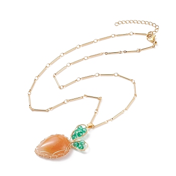 Natural Aventurine Braided Carrot Pendant Necklace, Brass Wire Wrap Jewelry for Women, Golden, 18.11 inch(46cm)