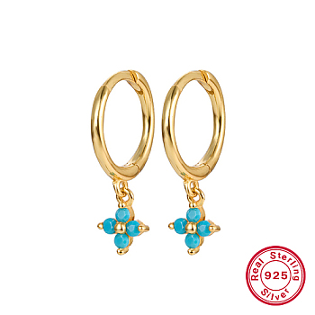 Real 18K Gold Plated 925 Sterling Silver Flower Dangle Hoop Earrings, Pale Turquoise, 19x8.5mm
