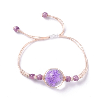 Handmade Dry Pressed Flower Link Bracelet for Girl Women, Babysbreath Glass Cover Beads Adjustable Bracelet, Blue Violet, Inner Diameter: 5/8~ 3-1/8 inch(1.5~7.9cm)