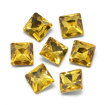 Pointed Back Glass Rhinestone Cabochons, Back Plated, Faceted, Square, Gold, 14x14x5.5mm
