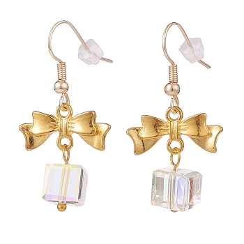 Alloy Bowknot with Clear Glass Cube Dangle Earrings, Brass Jewelry for Women, Golden, 41.5mm, Pin: 0.7mm