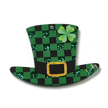 Saint Patrick's Day Theme Acrylic Pendants, with Glitter Powder, Hat, 30x41.5x2mm, Hole: 1.6mm