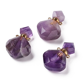 Rhombus Natural Amethyst Perfume Bottle Pendants, with 304 Stainless Steel Findings, Faceted, Golden, 26~27x17~17.5x8~8.5mm, Hole: 1.4mm, Capacity: about 2ml(0.06 fl. oz)