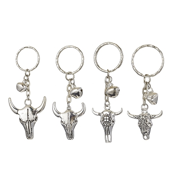 Tibetan Style Alloy Bull Head Kcychain, with Iron Findings and Bells Charm, Antique Silver & Platinum, 7.5cm, 4pcs/set