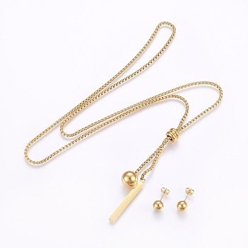 304 Stainless Steel Jewelry Sets, Pendant Necklaces and Stud Earrings, Strip and Round, Golden, Necklace: 29.9 inch(76cm), Earrings: 20x8mm, Pin: 0.8mm