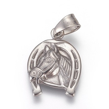 304 Stainless Steel Pendants, Horse with Horseshoe, Stainless Steel Color, 24.5x17x3mm, Hole: 5x7.5mm