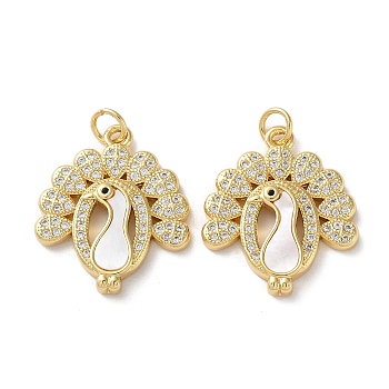 Brass Micro Pave Clear Cubic Zirconia Pendants, with Shell and Jump Ring, Real 18K Gold Plated, Peacock, 22.5x19.5x3.5mm, Hole: 3mm