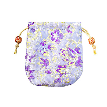 Chinese Style Flower Pattern Satin Jewelry Packing Pouches, Drawstring Gift Bags, Rectangle, Lavender, 10.5x10.5cm