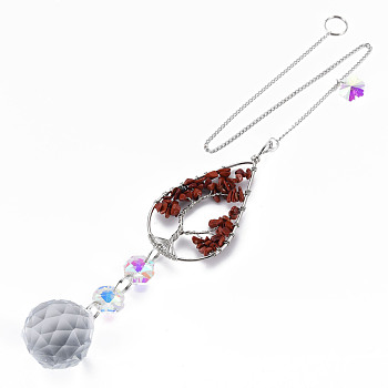 Natural Red Jasper Big Pendants, with Platinum Brass Chain Extender and Findings, Plating Glass Flat Round & Flower, Clear AB Color, Teardrop with Tree of Life, 155mm, Hole: 3.5mm