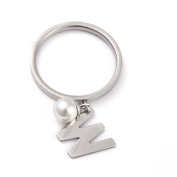 Dual-use Items, 304 Stainless Steel Finger Rings or Pendants, with Plastic Round Beads, Stainless Steel Color, White, Letter.W, US Size 5~9(15.7~18.9mm)