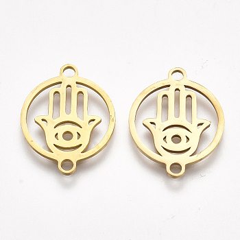 201 Stainless Steel Links connectors, Laser Cut Links, Flat Round with Hamsa Hand/Hand of Fatima/Hand of Miriam, Golden, 19x15x1mm, Hole: 1.5mm