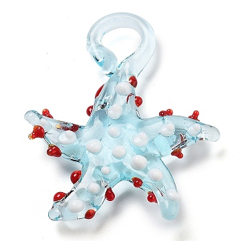 Handmade Lampwork Pendants, Starfish, Light Sky Blue, 34~40x31~36.5x6~9mm, Hole: 3~7mm