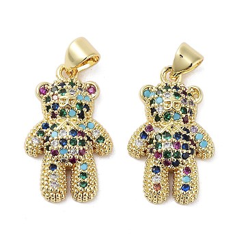 Rack Plating Bear Brass Micro Pave Cubic Zirconia Pendants, Cadmium Free & Lead Free, Long-Lasting Plated, Real 18K Gold Plated, Colorful, 22x13x4.5mm, Hole: 3x4mm