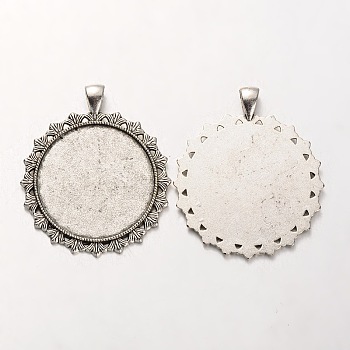 Tibetan Style Alloy Flat Round Pendant Cabochon Settings, Cadmium Free & Lead Free, Antique Silver, 53x45x2mm, Hole: 5x7mm, Tray: 35mm, about 106pcs/kg