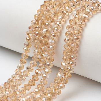 Electroplate Glass Beads Strands, Half Plated, Rainbow Plated, Faceted, Rondelle, PeachPuff, 4x3mm, Hole: 0.4mm, about 123~127pcs/strand, 16.5~16.9 inch(42~43cm)