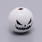 Natural Wood Beads, Halloween Theme, Round with Expression Pattern, White, 15.5~16mm, Hole: 4mm(WOOD-TAC0007-54)