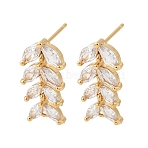 Brass Micro Pave Clear Cubic Zirconia Stud Earring Findings, Leaf, Nickel Free, Real 18K Gold Plated, 18.5x10mm, Hole: 0.8mm, Pin: 12x0.8mm(KK-P340-62G)