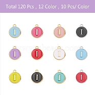 120Pcs 12 Colors Golden Plated Alloy Charms, with Enamel, Enamelled Sequins, Flat Round with Letter, Letter.I, 14x12x2mm, Hole: 1.5mm, 10pcs/color(ENAM-SZ0001-64I)